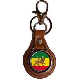 PJ4U Ethiopia Lion Brown PU Leather Round Key Fob And Gift Bag