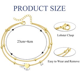 JeweBella 18K Gold Anklet Women's with Heart Beads Pendant Made of Stainless Steel Anklet Gold Silver Adjustable Anklet Women's Foot Jewellery for Women and Girls, Stainless Steel