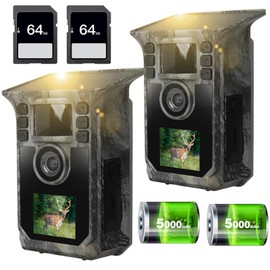 FRKTCAM Trail Camera 2 Pack 4K 64MP Solar Game Camera with 5000mAh Forever Power, 64GB Memory Card and Ip67 Waterproof Angle Night Vision for Wildlife Deer Outdoor Trail Cam, Monitoring Trail Cameras