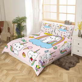 Feelyou Kids Unicorn Cat Bedding Set Twin, Cute Unicorn Comforter Cover for Girls Teens, Cartoon Magical Animal Decor Duvet Cover, Gift for Nursery Sweet Icecream Rainbow Print Bedspread Colorful