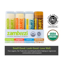 ZAMBEEZI Fair Trade, Organic Beeswax Lip Balm - Variety 4 Pack (Lemongrass, Tangerine, Suncare and Honeybalm) - Ethically Sourced