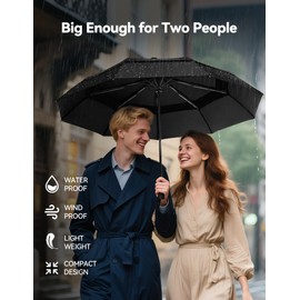 TECKNET Umbrella Windproof Strong for Rain, Large Automatic Folding Umbrella with 9 Strong Ribs, Double Canopy, Easy Auto Open & Close, Compact Travel Portable Durable & Lightweight Umbrellas, Black
