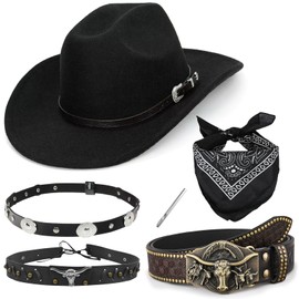 6 Pieces Cowboy Hat Men Outfit,Western Cowboy Hat with 3 Decorative Bands and Buckle Adjustable Belt Accessories Set Black