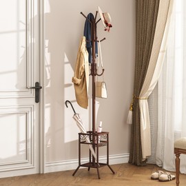 ELYKEN Coat Rack Freestanding, Metal Coat Rack Stand with Umbrella Holder, Modern Coat Tree with 12 Hooks, Floor Standing Corner Hall Tree for Entryway Living Room Bedroom Office, Brown