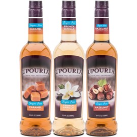Upouria Coffee Syrup Sugar Free Variety Pack: French Vanilla, Caramel and Hazelnut, 100% Vegan, Gluten Free, Kosher, Keto, 750 mL Bottle (Pack of 3) - Pump Sold Separately