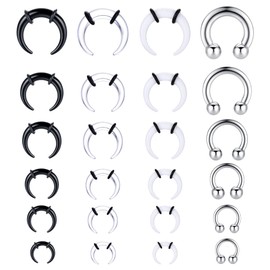 Adramata 24Pcs 14G-4G Acrylic Pincher Tapers Septum Ring C Shape Stainless Steel Buffalo Stretcher Expander with Black O-Rings for Stretching Pierced Nose Ear Cartilage