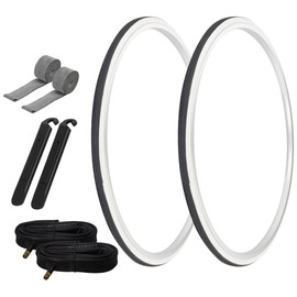 PRO+ Pair of Bike Bicycle TIRE 700 X 25 Black/WHTE SIDEWALL (2) Tires W/Tubes 33MM Schrader Valve, Rim Strips & TIRE LEVERS P-1076