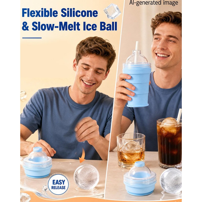 2-in-1 Collapsible Silicone Ice Ball Maker Cup, Reusable Ice Sphere