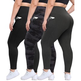 3 Pack Plus Size Leggings with Pockets for Women - High Waisted Tummy Control Spandex Soft Black Workout Yoga Pants