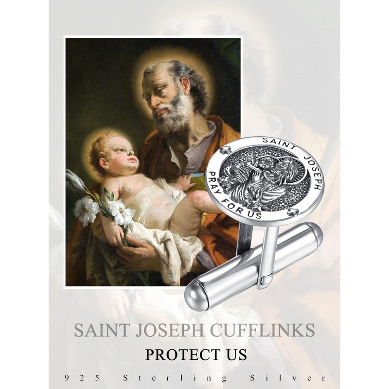 St Joseph Cufflinks for Men Sterling Silver Saint Joseph Medal