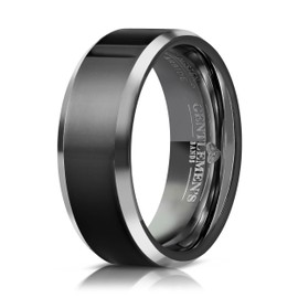 Men's Black Tungsten Carbide Wedding Band - Premium Grade Tungsten Black Wedding Band Beveled - Includes Silicon Band, Leather Drawstring Pouch, & Luxury Walnut Ring Box (Size 14.5)