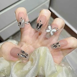 RikView Prensa Larga En Uñas Ataúd Uñas Acrílicas Uñas Desnudas Con Mariposas Diseño Uñas Falsas Brillantes 24 Pzas