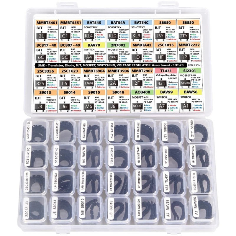 ZEBULON Smd Sot-23 Electronic Components Assortment, Transistors, Bjt, Mosfet,