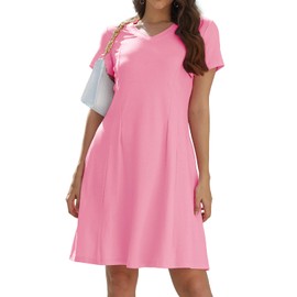 Alaster Queen Womens 2025 Casual Summer Dresses Flowing V Neck Pink Mini Dress Short Sleeve T Shirts Dress for Women with Pocket