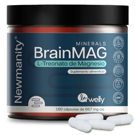 NEWMANITY BrainMAG Treonato de Magnesio - 180 Cápsulas de Alta Absorción, Suplemento Nootropico para Concentración, Memoria, Relajación, Sueño y Bienestar Mental, Fórmula de L-Treonato de Magnesio