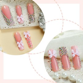 QQPPOLIU Press on Nails for Women Pink Fake Nails Press Ons Cute French Tip Press on Nails with Rhinestone Design Glue on Nails for Teens 24pcs
