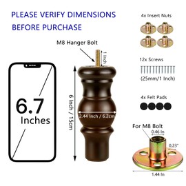 Maricome 6 Inch Wood Legs Predrilled M8 Bolt Turned Round Bun Feet Wooden Furniture Legs Set of 4