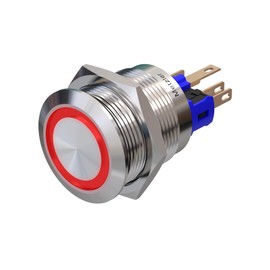 Metzler - Pressure Switch 22 mm - LED Ring Lighting Red - IP67 IK10 - Stainless Steel - Flat - Solder Contacts