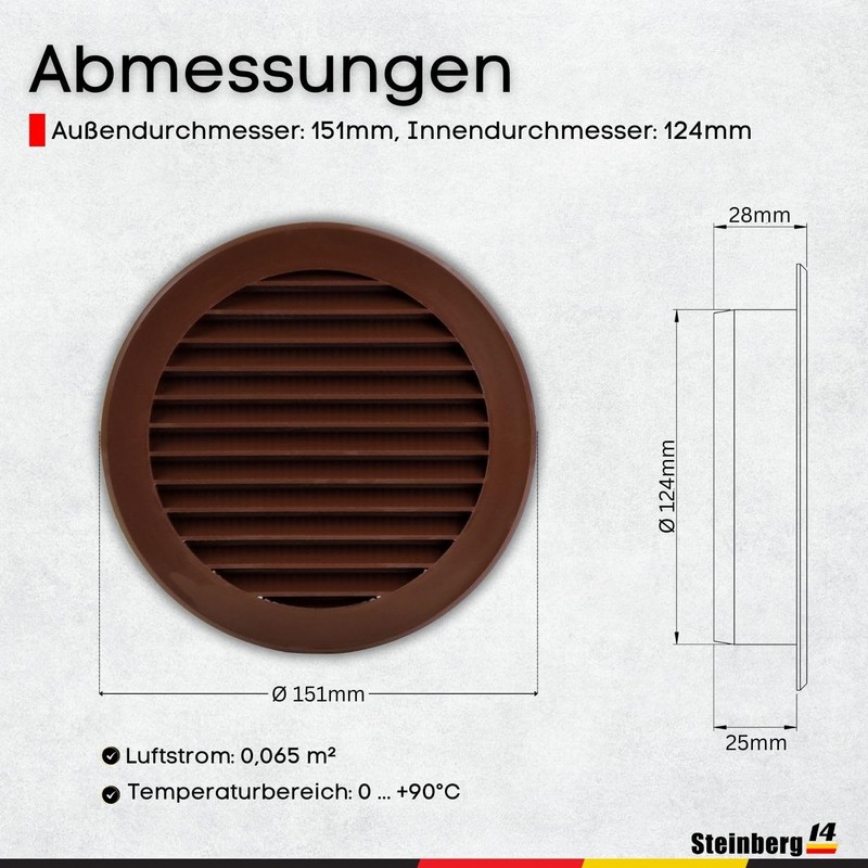Steinberg14 Braun Ventilation Grille 125 mm - Plastic Exhaust Grille