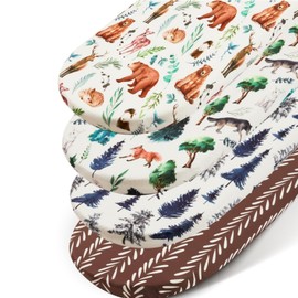 REZIPO 4 Pack Bassinet Sheets Woodland Forest Animals Wood Tree Neutral Unisex Fitted Baby Bassinet Sheets Set for Baby Boys or Girls