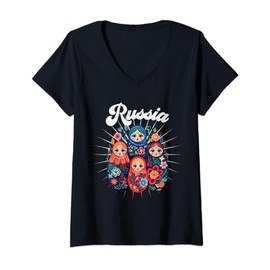 Womens I Love Russia Floral Russian Matryoshka Flower Nesting Doll V-Neck T-Shirt