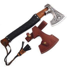 Qureshi Handmade Engraved High Carbon Steel Camping Axe - Gardening and Outdoor Survival Hatchet Axe, Viking Throwing Axe with Leather Sheath - Wood Axe with Anti-Slip Handle's Grip