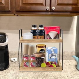 XUDREZ Coffee Station Organizer for Countertop, 2 Tier Coffee Bar Accessories Organizer, Condiment Storage, Wooden Kitchen Counter Shelf for Bathroom, Kitchen, Office