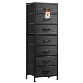 WLIVE Tall Dresser for Bedroom, 7 Drawer Dressers & Chests of Drawers, Fabric Dresser for Closet, Night Stand with Metal Frame, Storage Tower with Fabric Bins, Woodtop, Charcoal Black Wood Grain Print