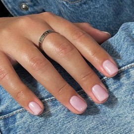 Uñas postizas de color rosa polvoriento, cortas, cuadradas, de gel natural, acrílicas, con pegamento, capa protectora destacada, gruesas, reutilizable