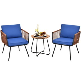 Tangkula 3 Pieces Patio Bistro Set, Outdoor Conversation Chair Set with Coffee Table, Modern Furniture Set with Soft Cushions, Suitable for Porch Backyard Garden Poolside (Navy Blue)