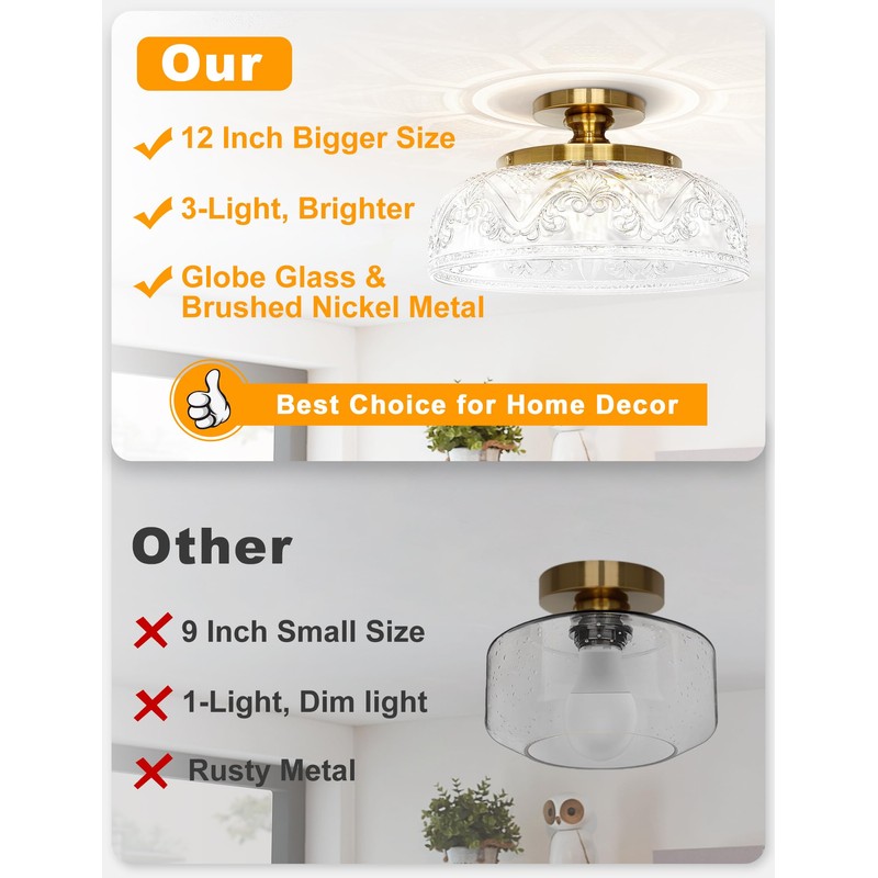 Slypadan Semi Flush Mount Ceiling Light, 12 Inch Large Gold