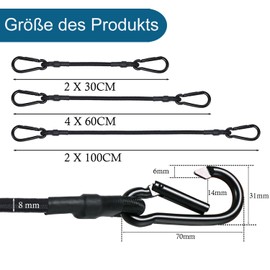 JunGG Tensioning Elastic Straps with Carabiner, 2 x 30 cm, 4 x 60 cm, 2 x 100 cm Expander with Carabiner Hook, Set of 8, Lashing Straps with Hooks, Rubber Tensioner, Luggage Tensioner for Camping,