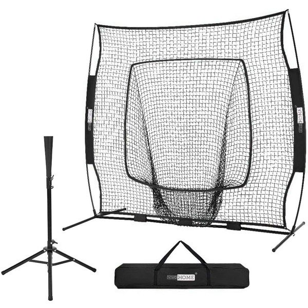 VIVOHOME 7 x 7 Feet Baseball Backstop Softball Practice Net with Strike Zone Target Tee and Carry Bag for Batting Hitting and Pitching Black