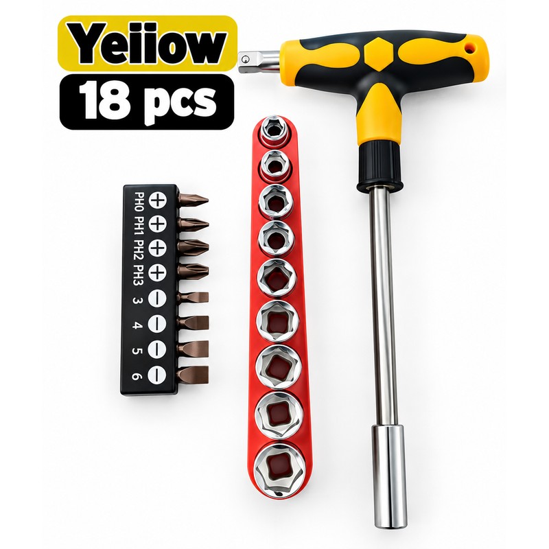 Screwdriver Set with T-Shape Handle, Phillips, Slotted, Hexagon, Plum-Shaped Bits