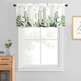 Leeva Farmhouse Valance Curtains for Kitchen Windows, Green Leaves Rod Pocket Watercolor Botanical Window Treatment, Bedroom Living Room Valances for Windows, 52 x 18 Inches