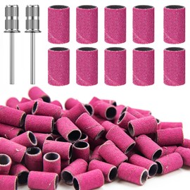 Nail Sanding Bands for Nail Drill, 100Pcs Pink Sanding Bands for Nail Drill 180# Grit, Nail Drill Sanding Bands with 2Pcs 3/32”Mandrel Bits and Boxed for Acrylic Nails Gel Manicures and Pedicure