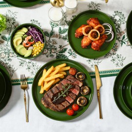 GZG Modern Art Series - 12 Pcs Speckled Stoneware Plates and Bowls Sets, Ceramic Dinnerware Set with Rustic Terracotta Underside, Microwave and Dishwasher Safe Handcrafted Dishes Set - Verdant Green