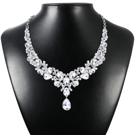 Adramata Rhinestone Necklace Earrings Bracelet Bridal Jewelry Set for Brides Bridesmaid Teardrop Cluster Crystal Women Jewelry Set for Wedding Prom