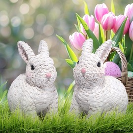 Hodao Set of 2 Woven Easter Bunny Figurines - 4.8" Tall White Rabbit Resin Sculptures with Handcrafted Wicker-Style Design for Easter and Spring Home Décor (White Set 2)