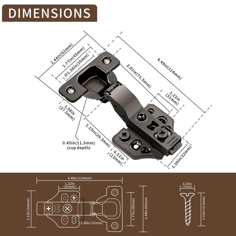 6 Pack Inset Soft Close Cabinet Hinges 105° Frameless 3