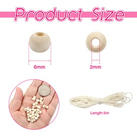 TOAOB 160 Stück Holzperlen 6mm Natur Runde Holzkugeln mit Loch Wooden Beads mit 5m Baumwollschnur für DIY Schmuck Herstellung Makramee Handwerk