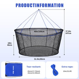 Foldable Fishing Net, Landing Fishing Pier Nets, Drop Net for Pulling Up Fish with Rope, Portable Bridge Fishing Net for Minnows, Crawfish, Shrimp