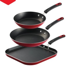 Unbranded Everyday 3 pc aluminum nonstick fry pan and griddle set – metallic red