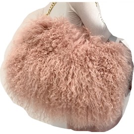 ME-01 Big Fluffy Fur Handbag With Real Mongolian Lamb Fur Long Curly Hair And Long Exchangeable Silver Chain Luxury Shoulder Bag Furry Clutch For Women(One Size, Rubber Powder)