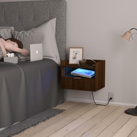 Veegle Floating Nightstand with Charging Station and LED Lights (Walnut Brown)