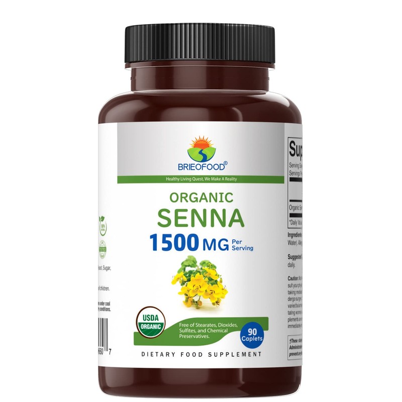 Brieofood Organic Senna 1500mg, 45 Servings, Vegetarian, Gluten Free, 90