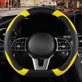 Binsheo Microfiber Leather D Shaped Steering Wheel Cover, Breathable, Anti Slip, Universal 15 inch, Black with Yellow