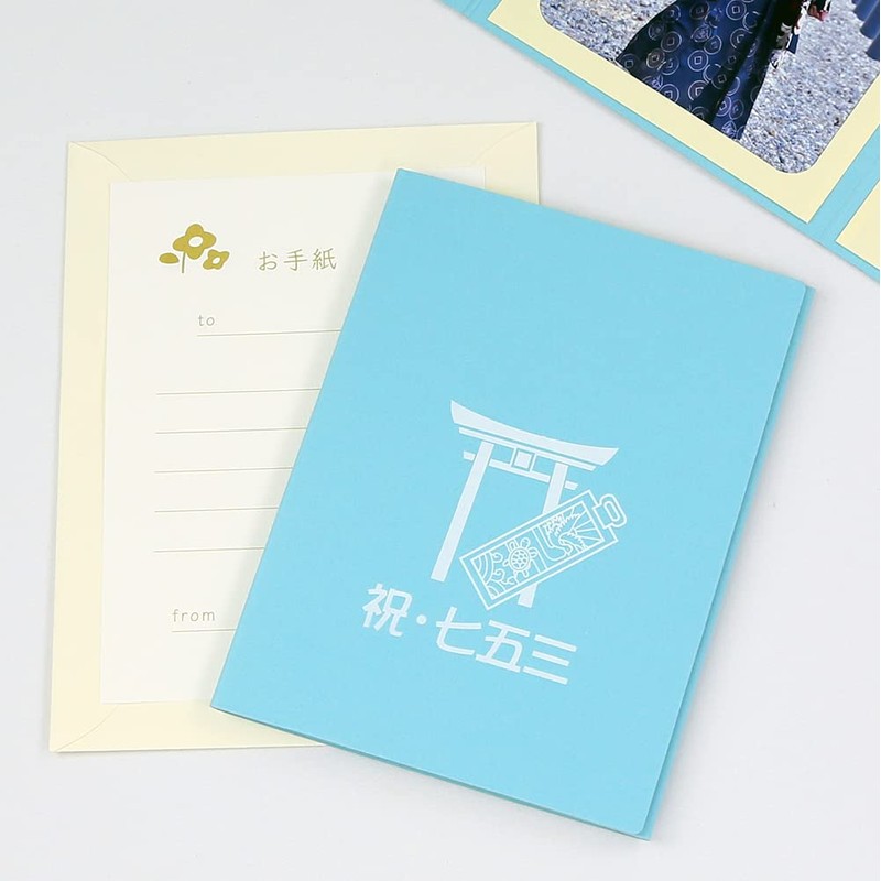 山田屋台紙店 写真台紙 七五三 お宮参り ポケット台紙 『祝・七五三/鳥居・千歳飴』 2Lサイズ 3面タテ (ブルー)