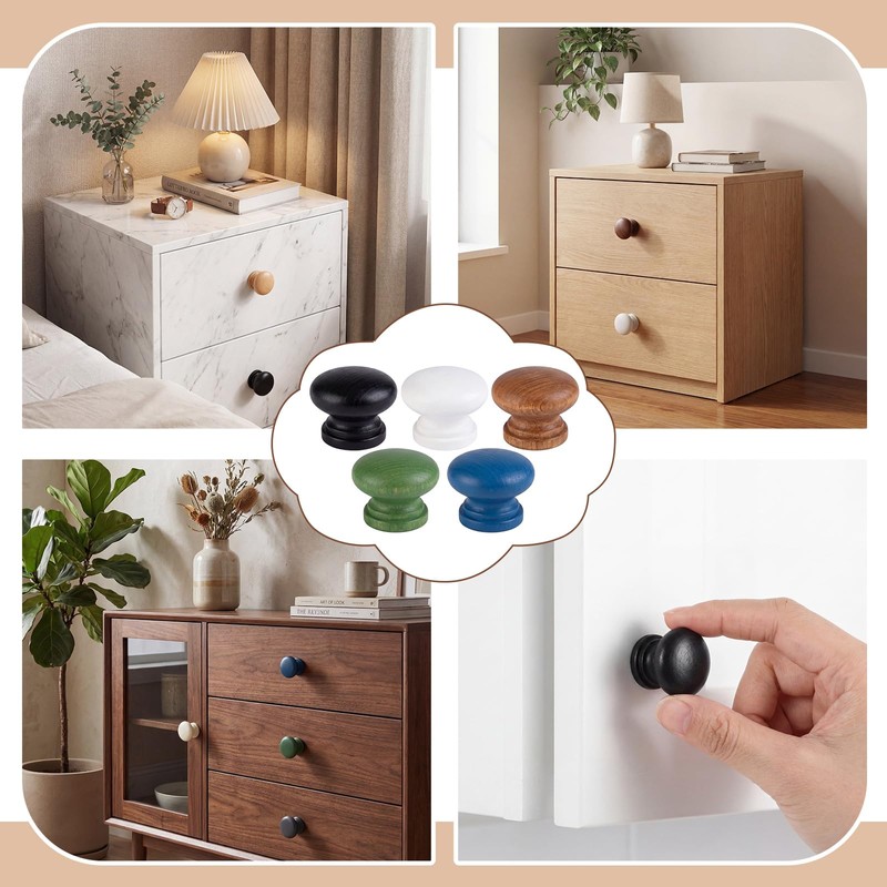 Pinkunn 50 Pcs Wood Unfinished Drawer Knobs, Round Mushroom Shape