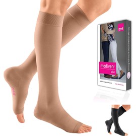 mediven Plus for Men & Women, 20-30 mmHg – Open Toe, Knee High Compression Socks with Silicone Top Band, Leg Circulation, Opaque Leg Support Compression Coverage, I-Petite, Beige